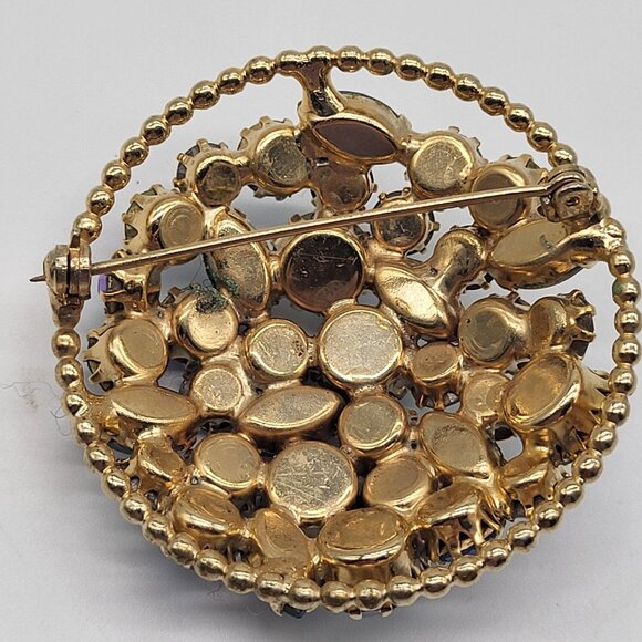 Vintage Weiss Brooch with Multicolor Blue and AB rhinestones Dome Circular Gold - Picture 7 of 9